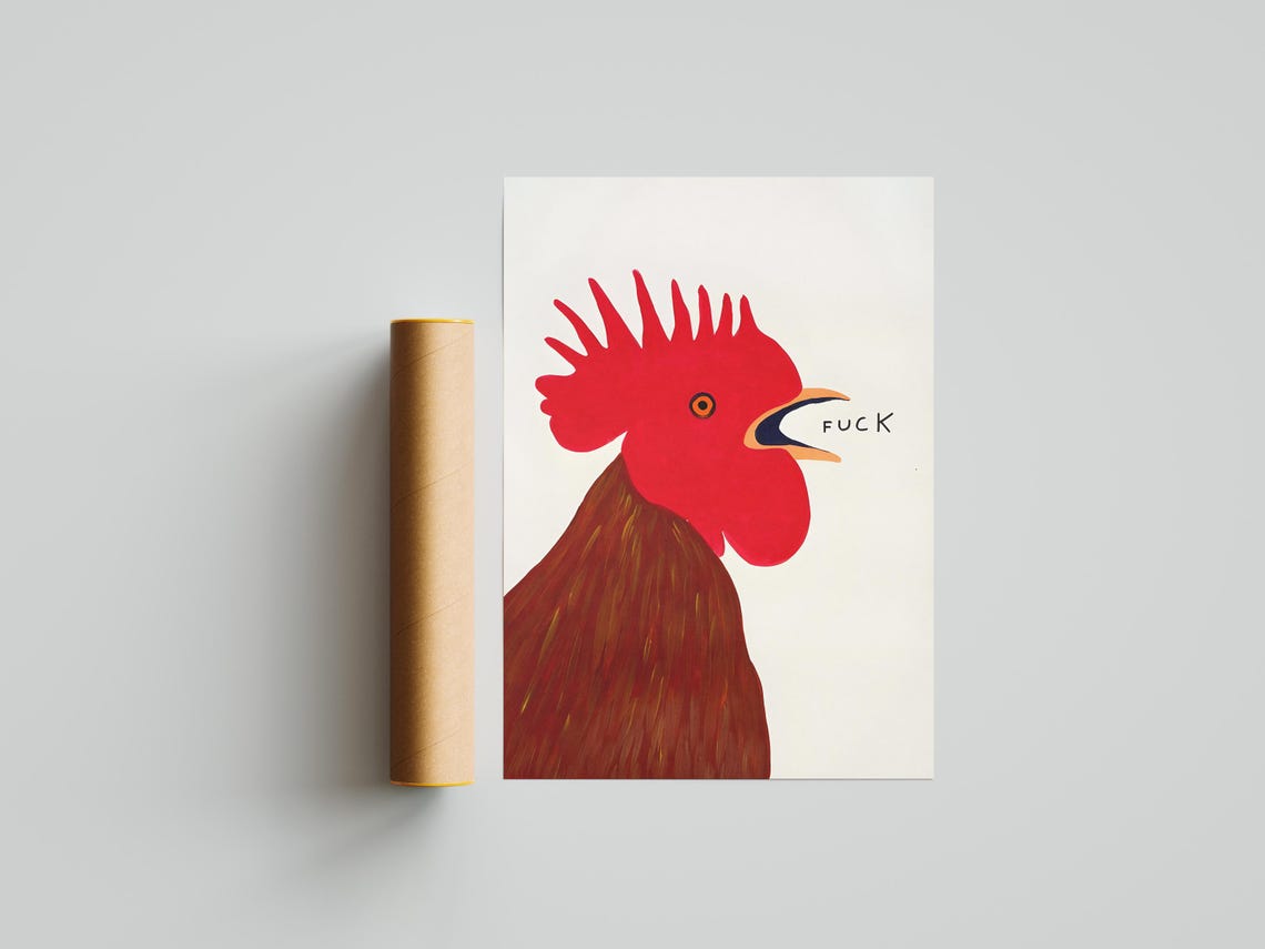 Screaming Red Rooster With Profanity Humor Bold Pop Art Poster
