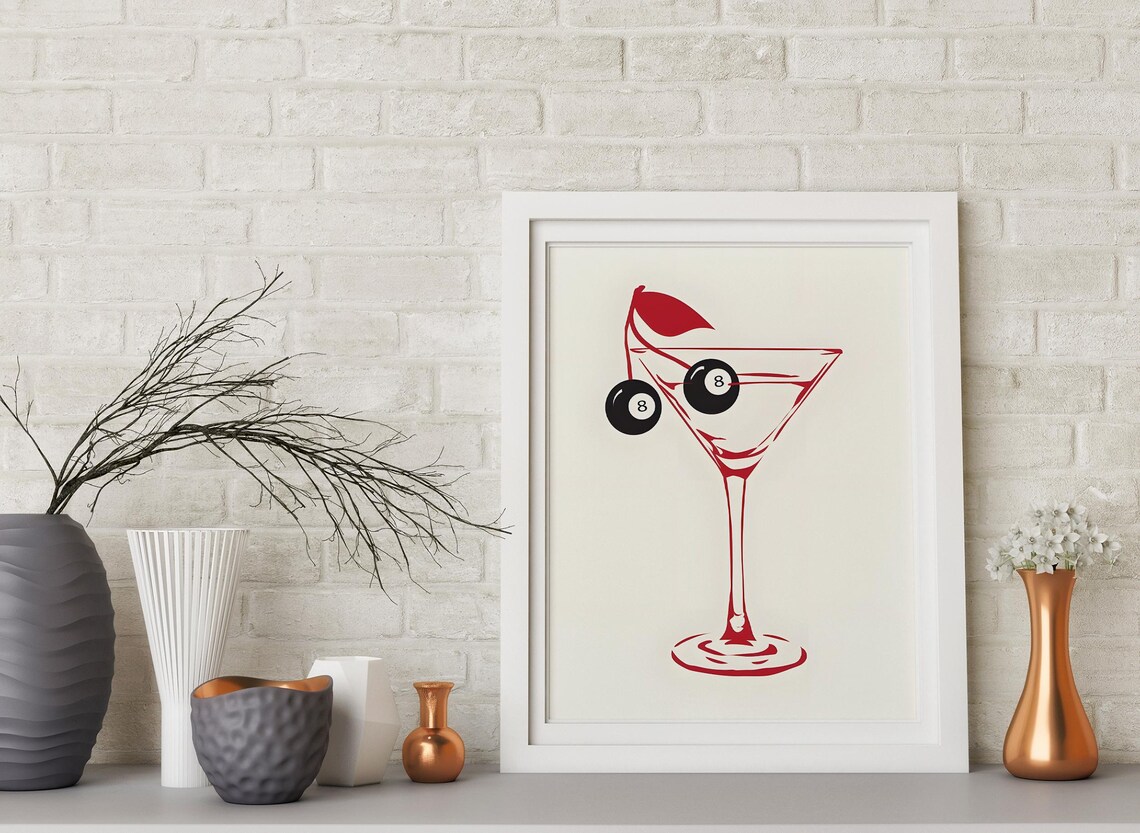 Red Line Martini Glass With Eight Ball Garnish Minimalist Cocktail Poster - Image 3