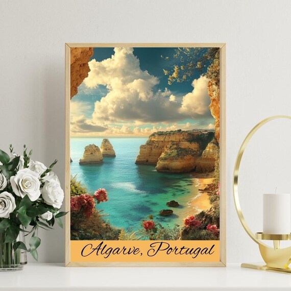 Algarve Portugal Hidden Cove Cliffs Turquoise Bay Travel Poster