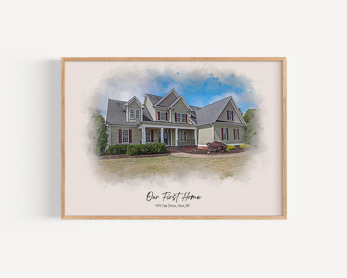Our First Home Olive NY Soft Gray Sky Watercolor House Portrait Poster - Image 6