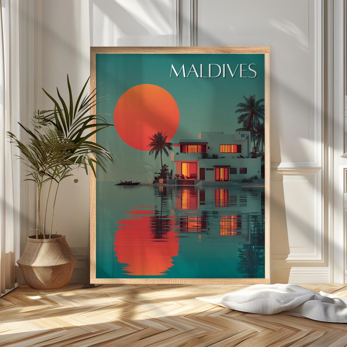 Maldives Overwater Villa Sunset Palm Island Travel Poster Art