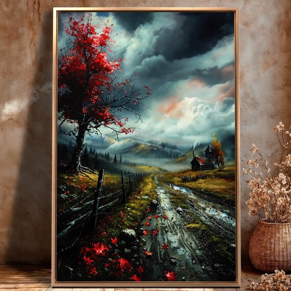 Red Autumn Tree Stormy Sky Rural Cabin Moody Landscape Poster