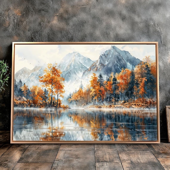Golden Autumn Mountain Lake Watercolor Landscape Reflection Poster