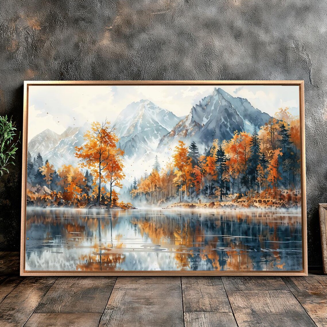 Golden Autumn Mountain Lake Watercolor Landscape Reflection Poster