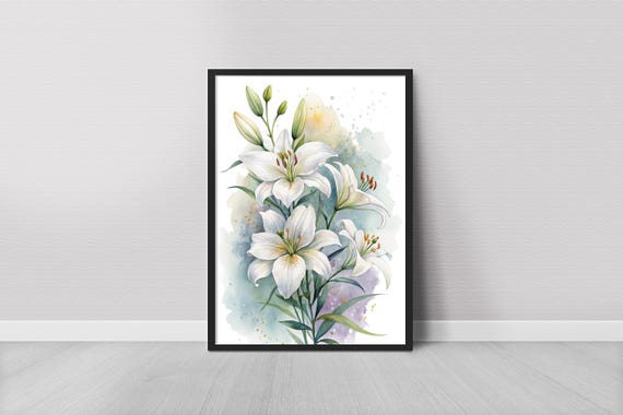 White Lily Flowers Watercolor Painting Print Botanical Wall Art Poster Floral
