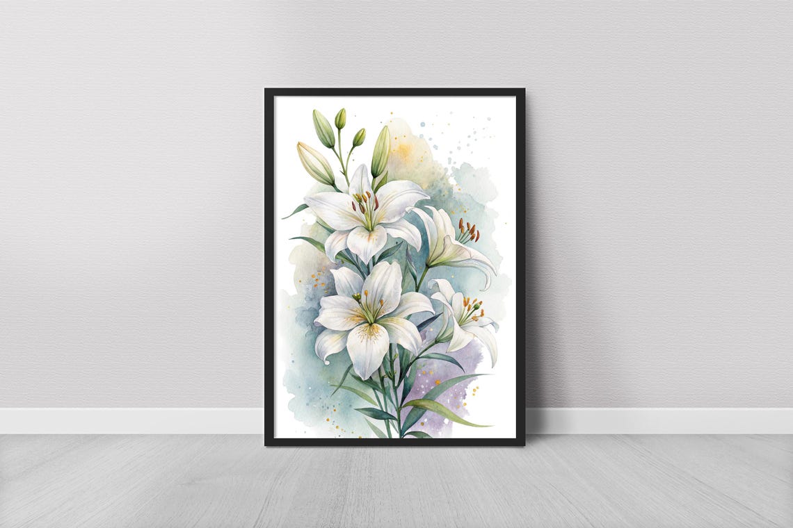 White Lily Flowers Watercolor Painting Print Botanical Wall Art Poster Floral