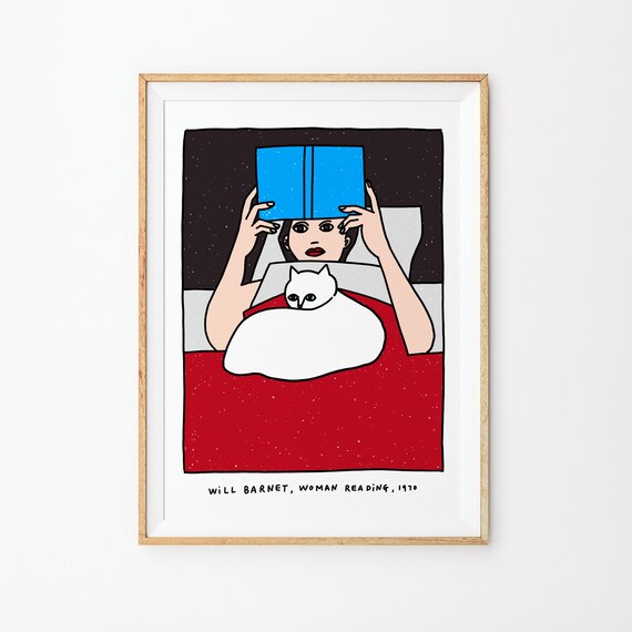 Will Barnet Woman Reading 1970 Cozy Cat in Bed Illustration Poster