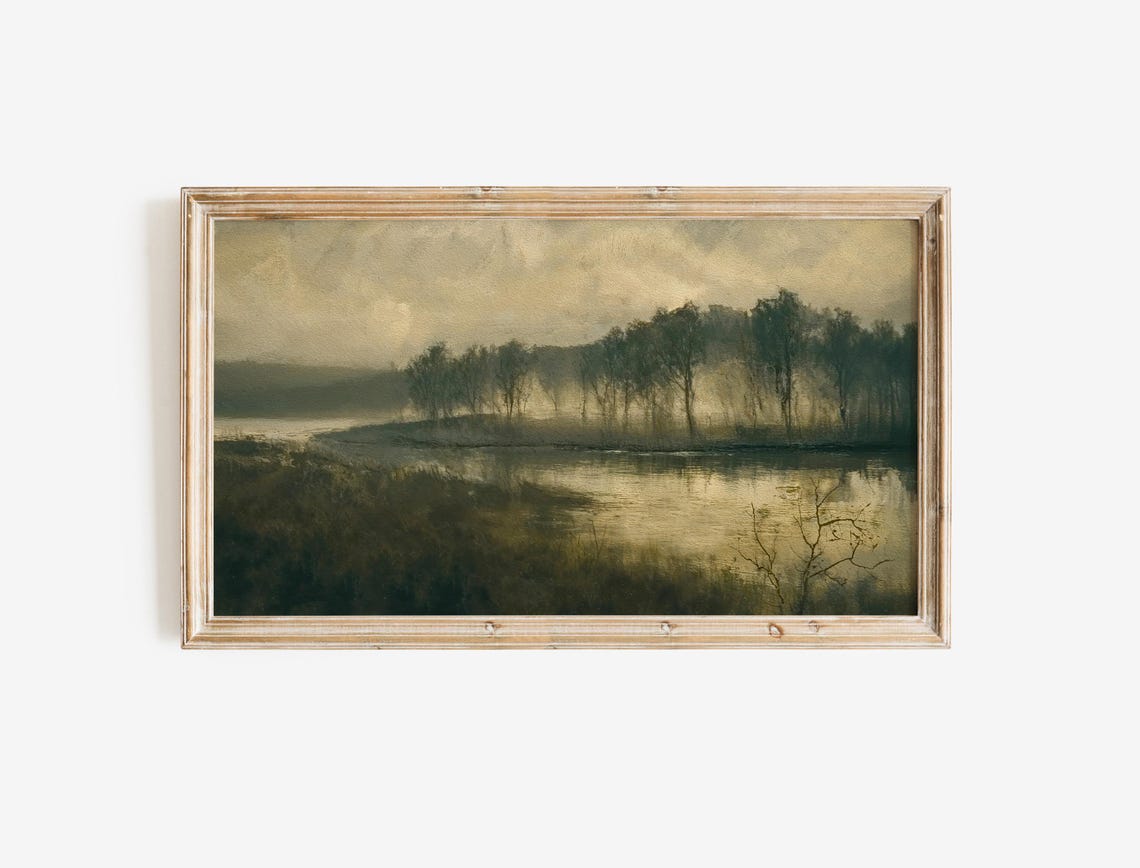 Moody Winter Lake Landscape Painting Dark Misty Trees Shore Poster - Image 2