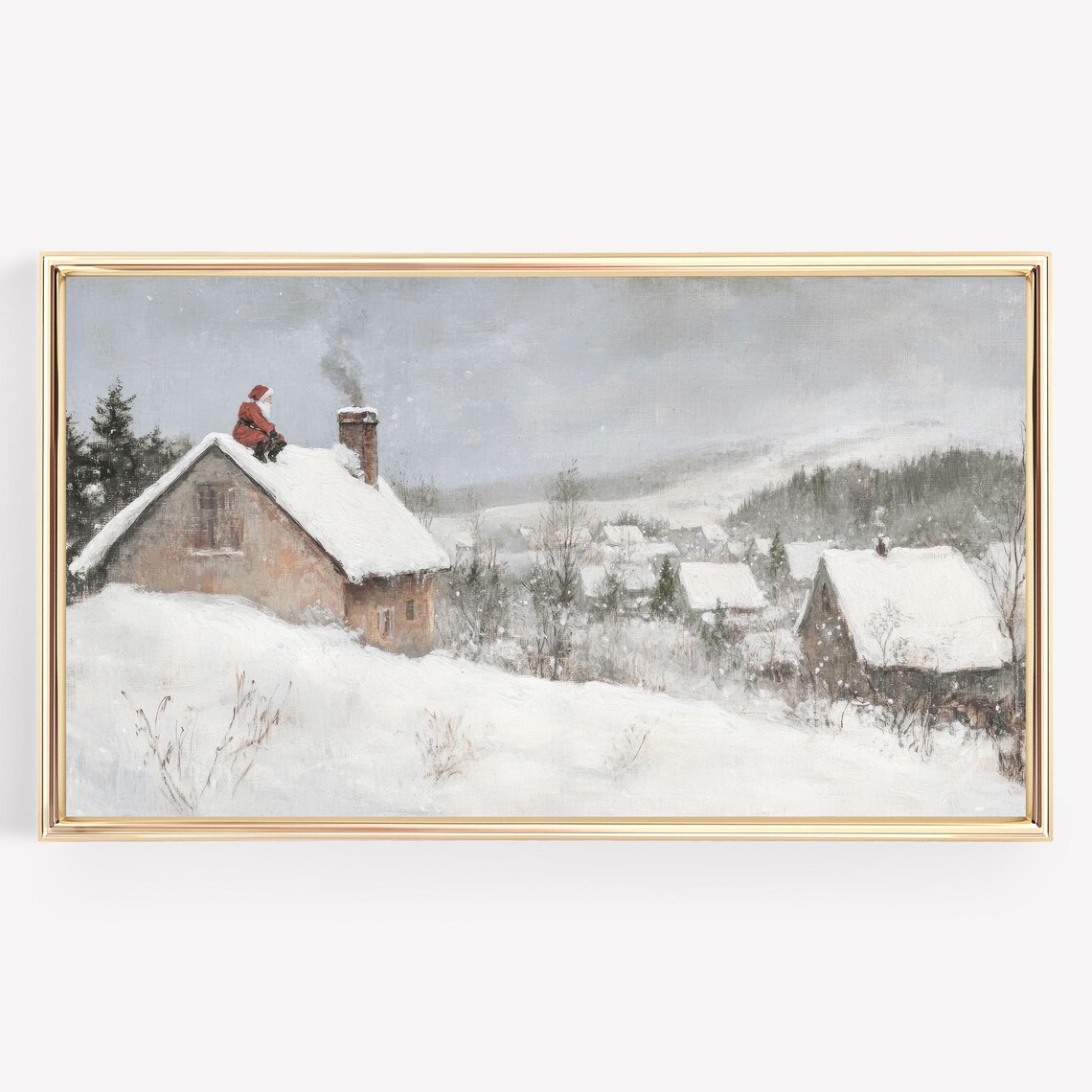 Santa On Snowy Cottage Roof Christmas Eve Village Painting Poster - Image 4