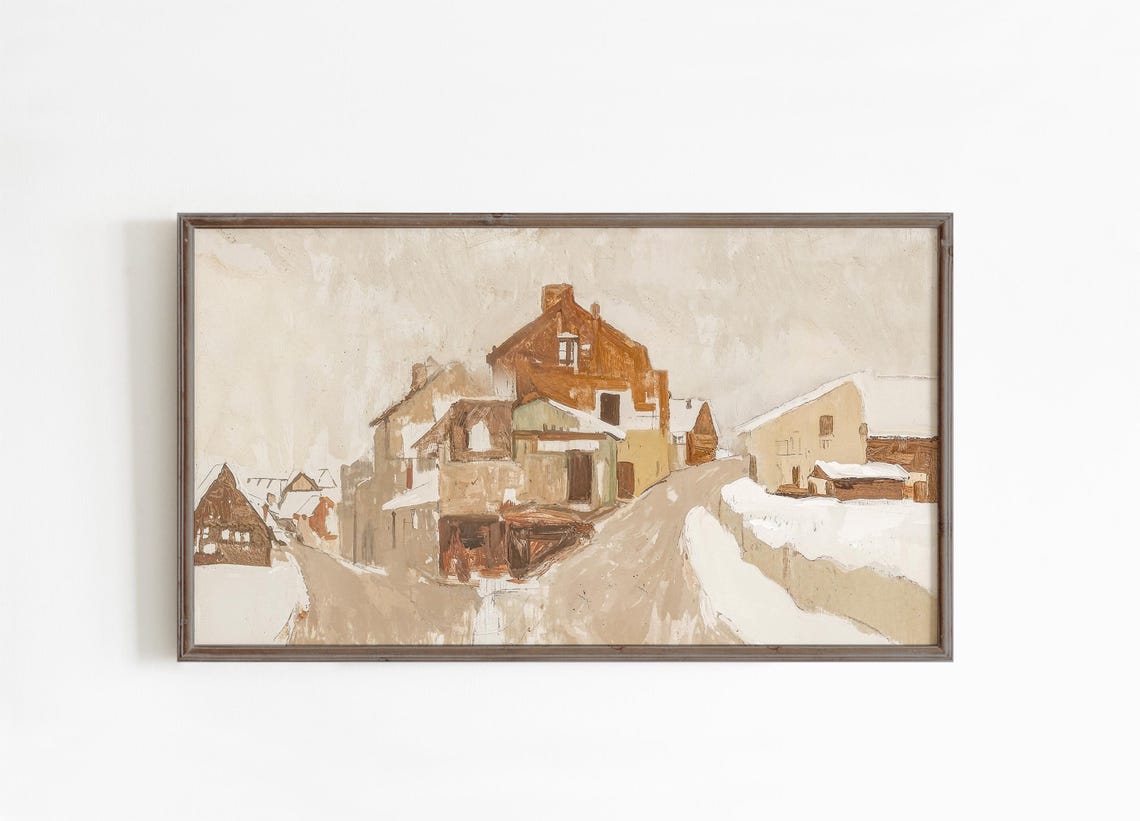 Snowy Village Street Warm Neutral Impressionist Winter Town Poster - Image 2