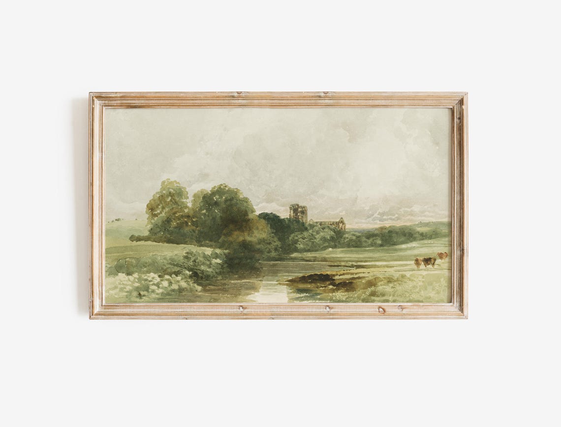 Pastoral Countryside Watercolor Meadow Cows Church Tower Poster - Image 2