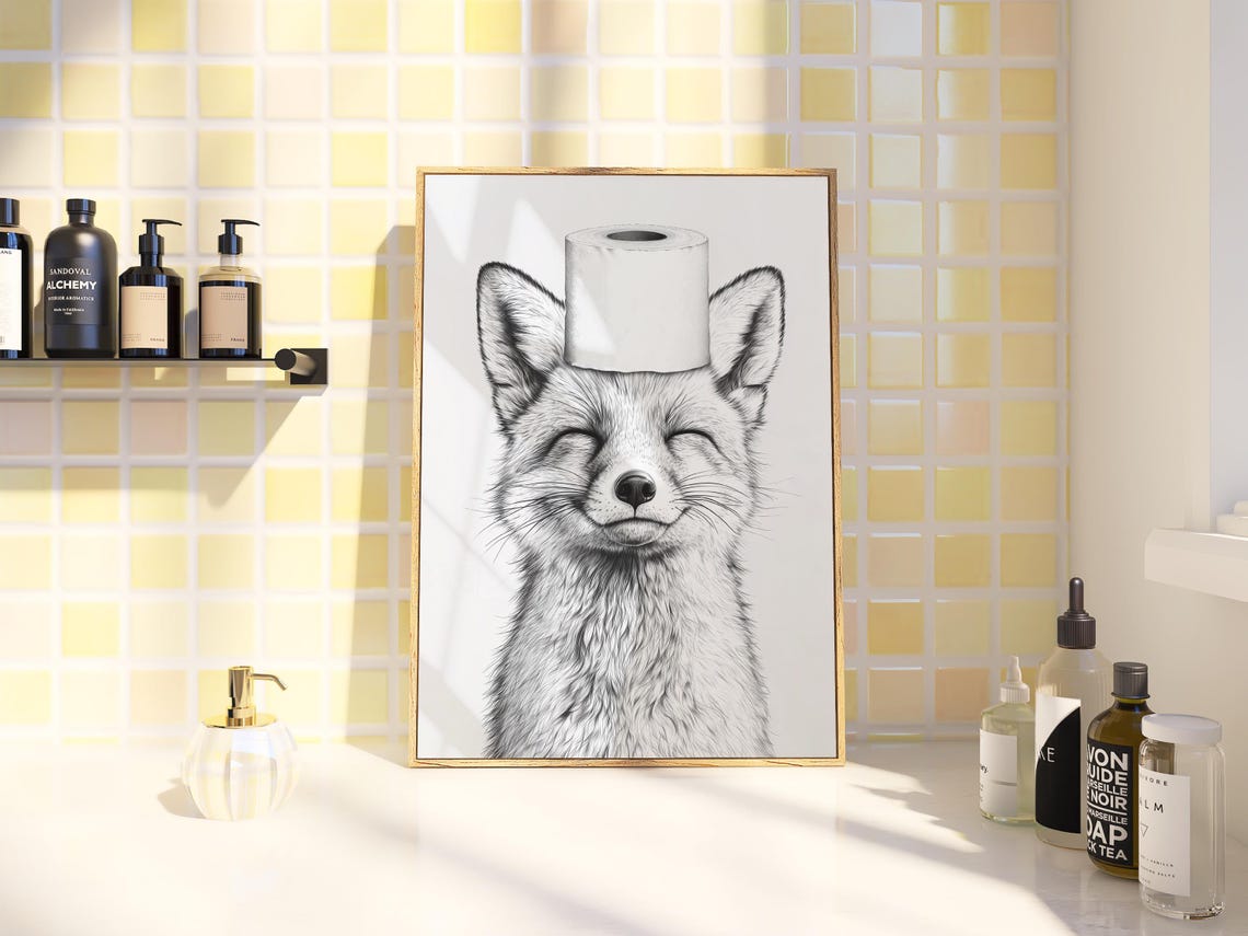 Arctic Fox Poster Animal Bathroom Poster White Fox Gift Arctic Fox Art Bathroom Wall Decor Poster Black And White Bathroom Print - Image 3