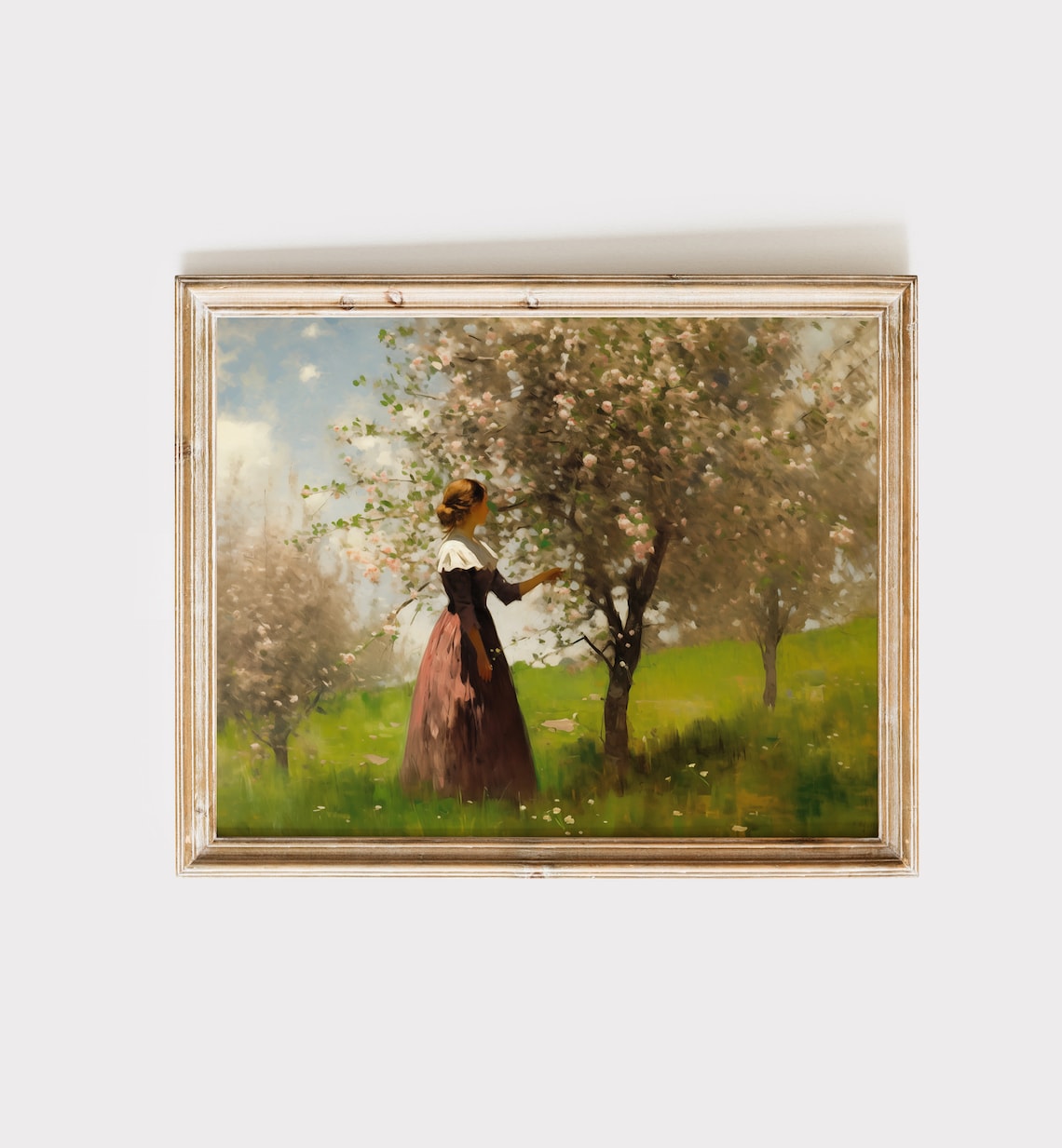 Woman in Blossoming Orchard Vintage Oil Painting Light Academia Poster