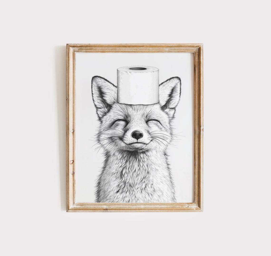Smiling Fox With Toilet Paper Between Ears Black White Bathroom Poster