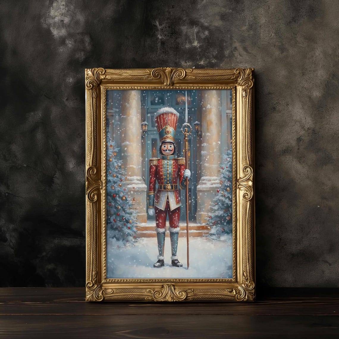 Red Uniform Nutcracker Soldier with Staff in Falling Snow Poster