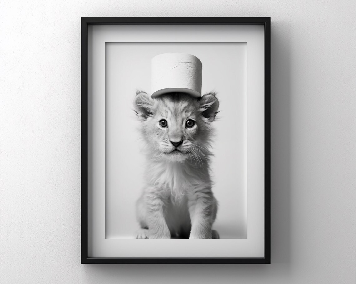 Baby Lion Cub Wearing Toilet Paper Hat Funny Bathroom Sketch Poster
