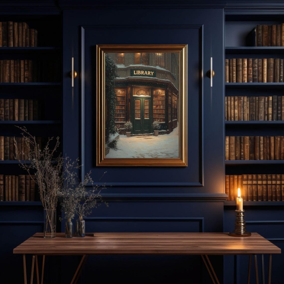Snowy Vintage Library Bookstore Painting Cozy Book Lover Poster - Image 3