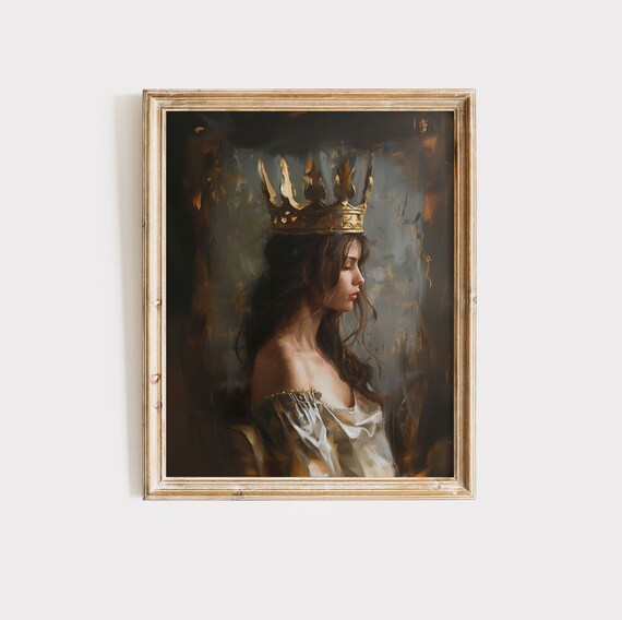 Crowned Woman in Profile with Gold Crown Dark Elegant Portrait Poster