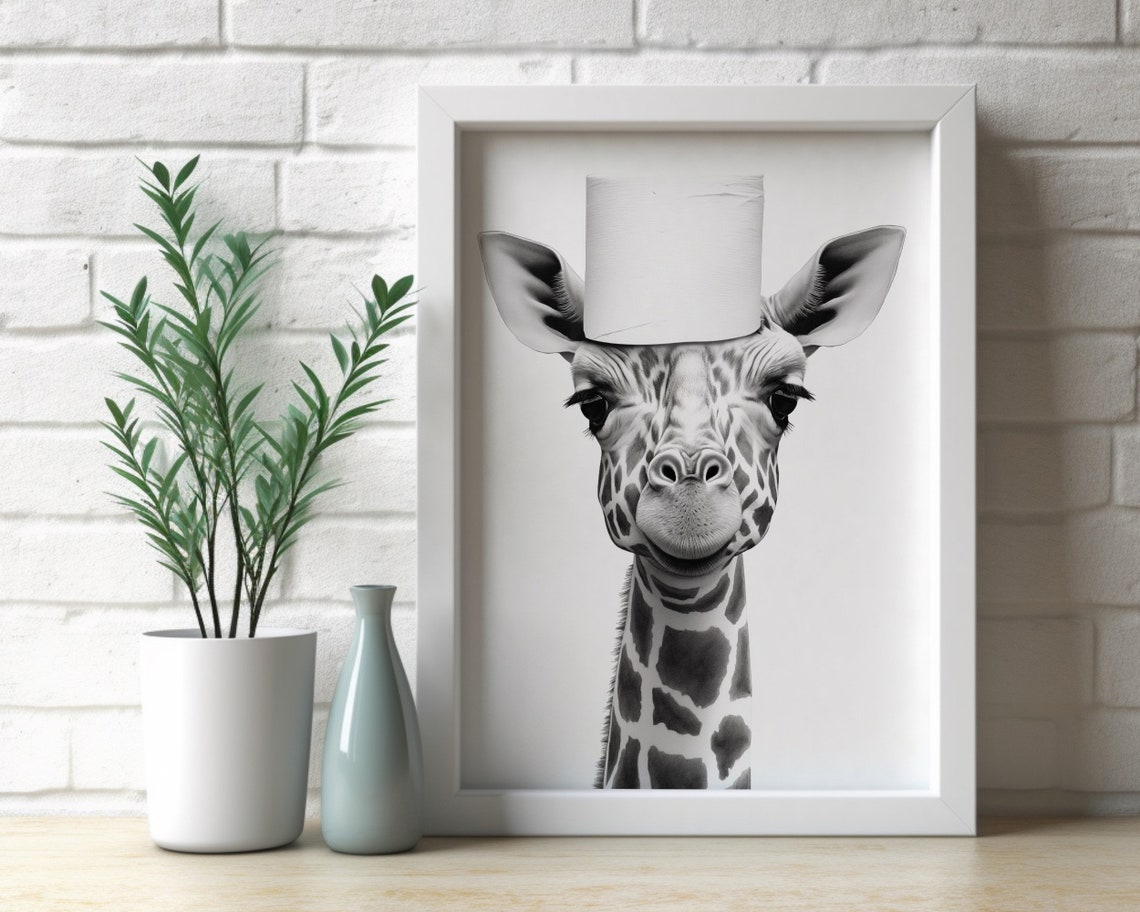 Giraffe Toilet Paper Roll Hat Cute Black White Funny Animal Poster - Image 3