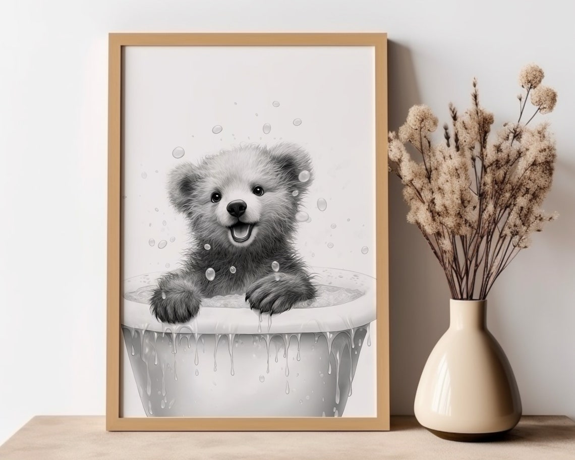 Bear Poster Animal Bathroom Wall Decor Bear Gift Bathroom Wall Art Black And White Bathroom Art Print - Image 2