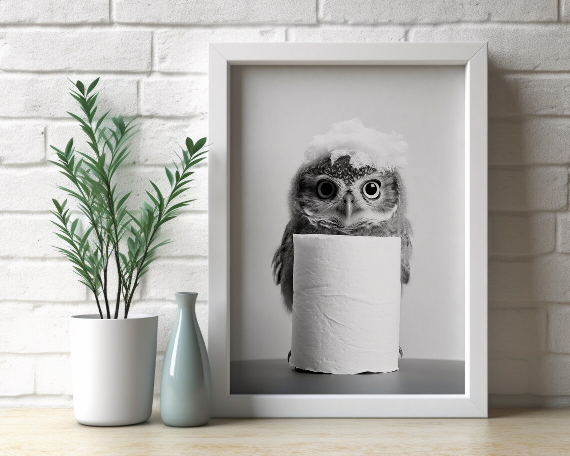 Owl Bathroom Wall Art Print, Black and White Decor - Image 2