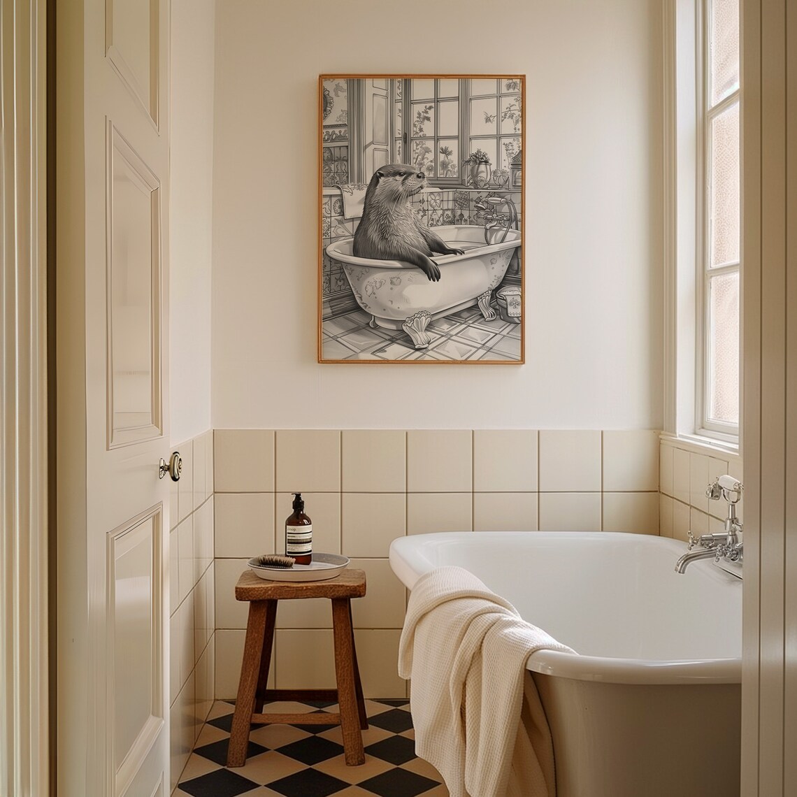 Otter Relaxing in Clawfoot Bathtub Black White Sketch Bathroom Poster - Image 2