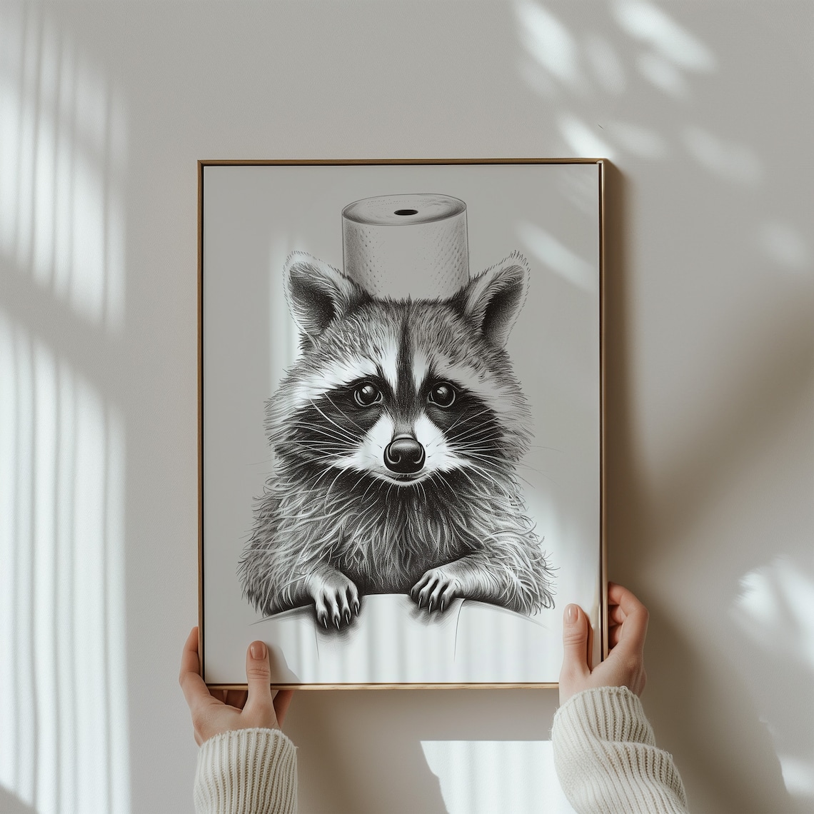 Raccoon Peeking Toilet Paper Roll Hat Sketch Cute Funny Pet Poster