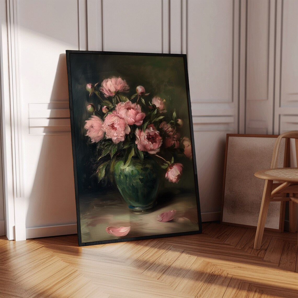 Dark Floral Pink Peonies Still Life Oil Painting Style Poster - Image 2