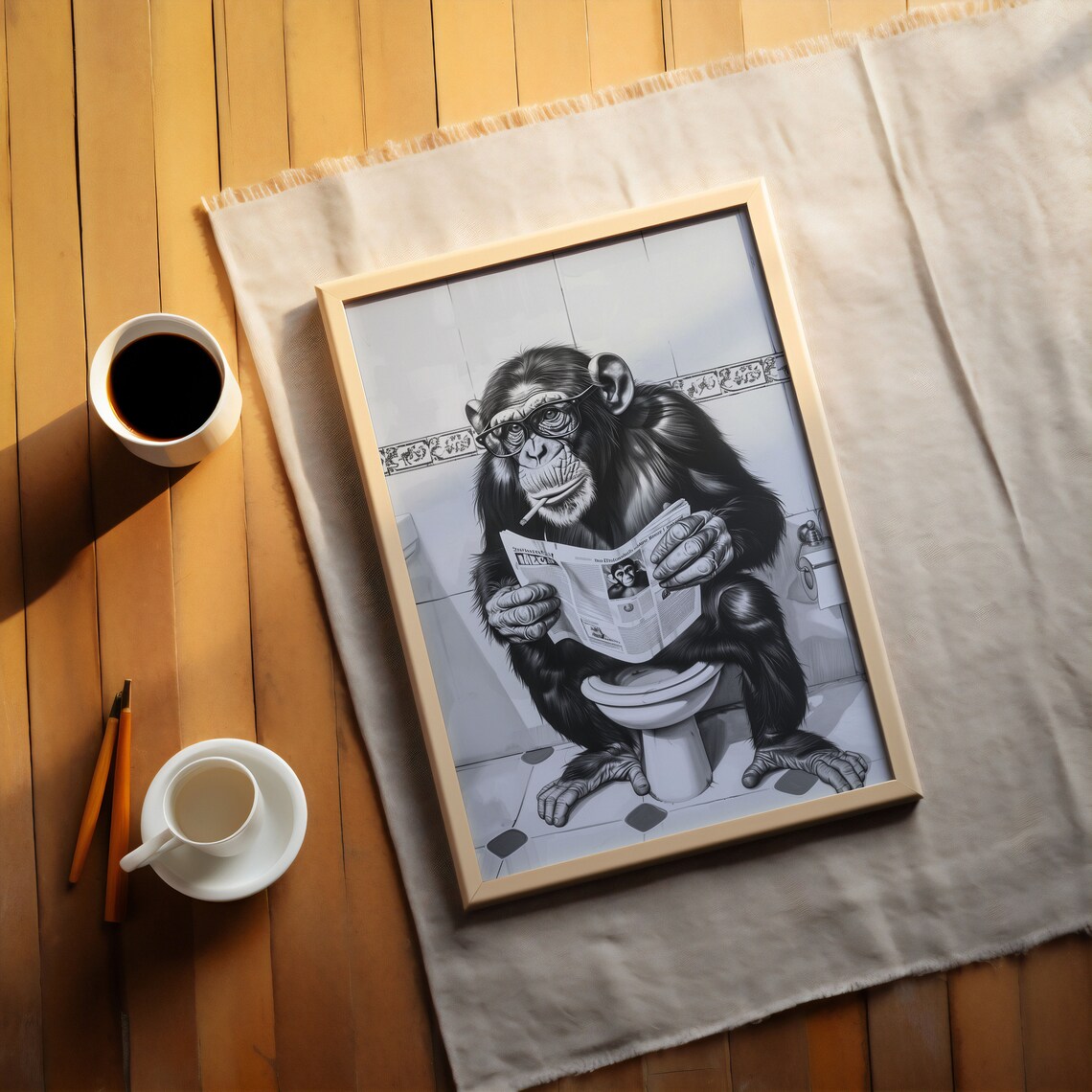 Chimpanzee With Glasses Reading Newspaper Toilet Funny Bathroom Poster - Image 2