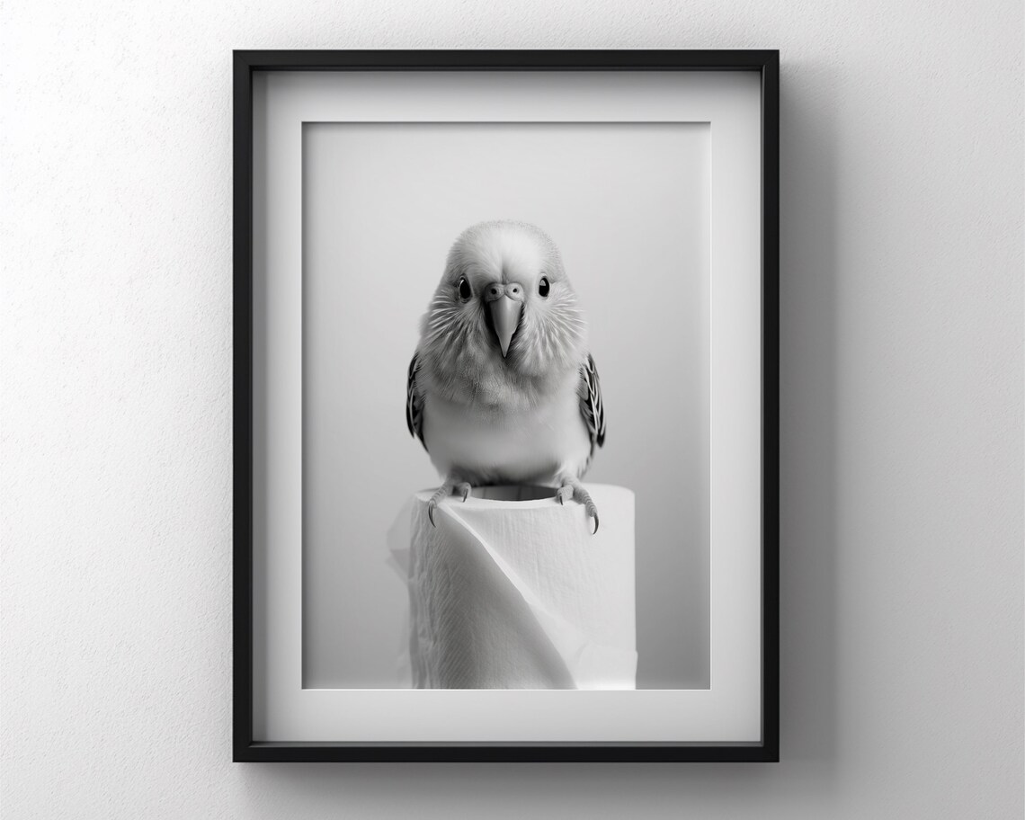 Budgie Bathroom Art Print, Black And White Decor - Image 3