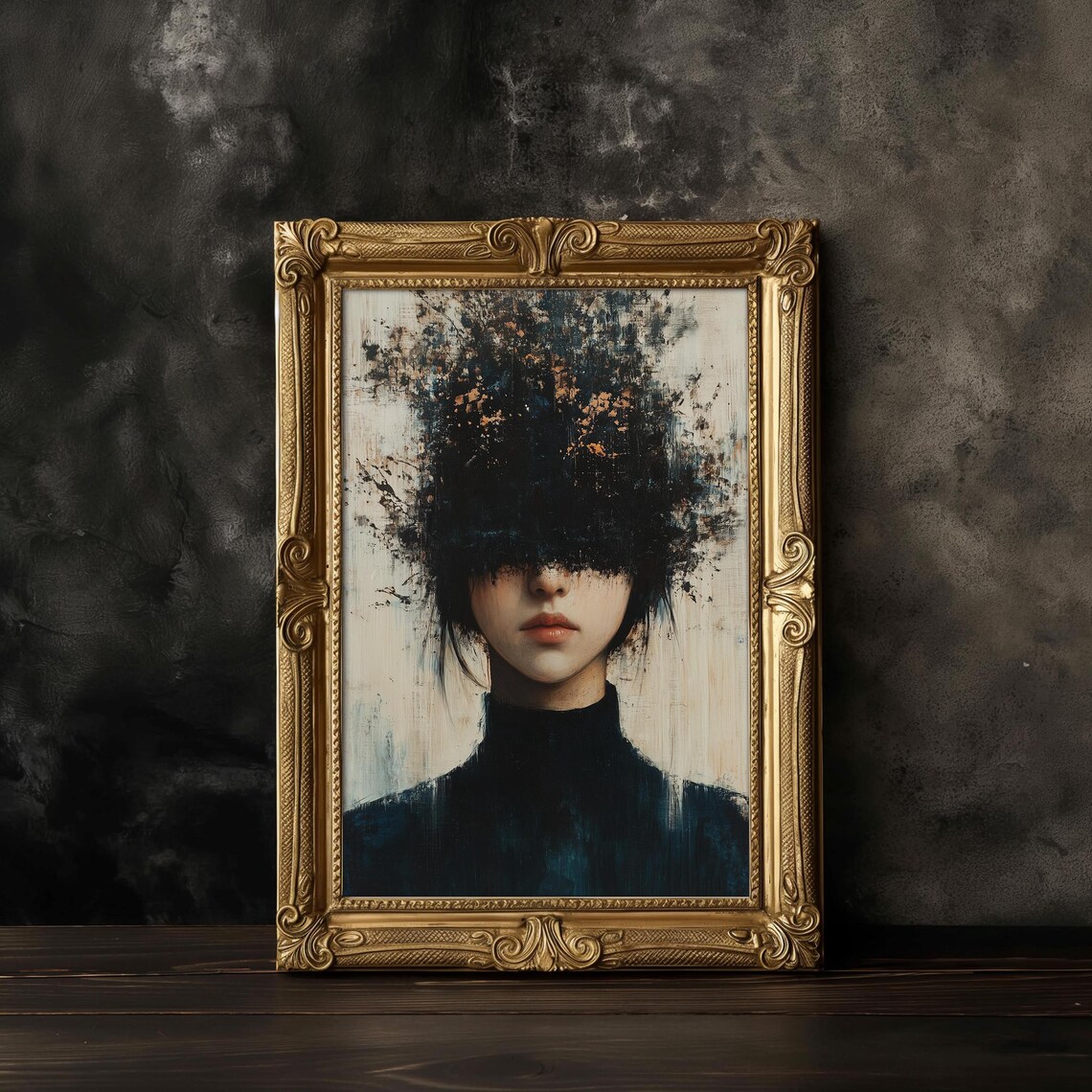 Dark Moody Abstract Woman Portrait Black Ink Splatter Aura Wall Poster - Image 2