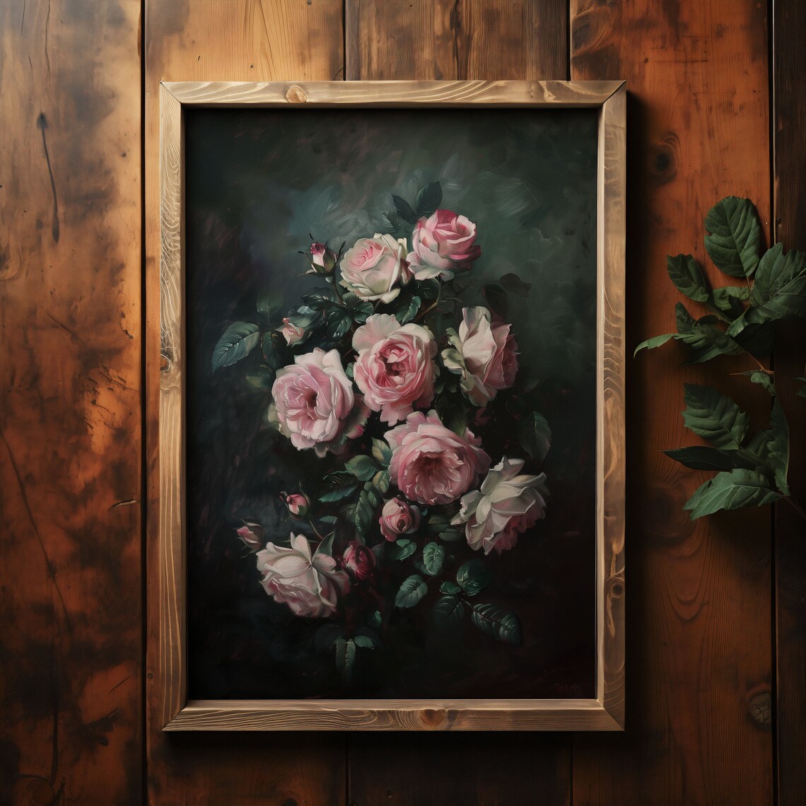 Pink Roses Dark Moody Floral Bouquet Oil Painting Vintage Poster - Image 2