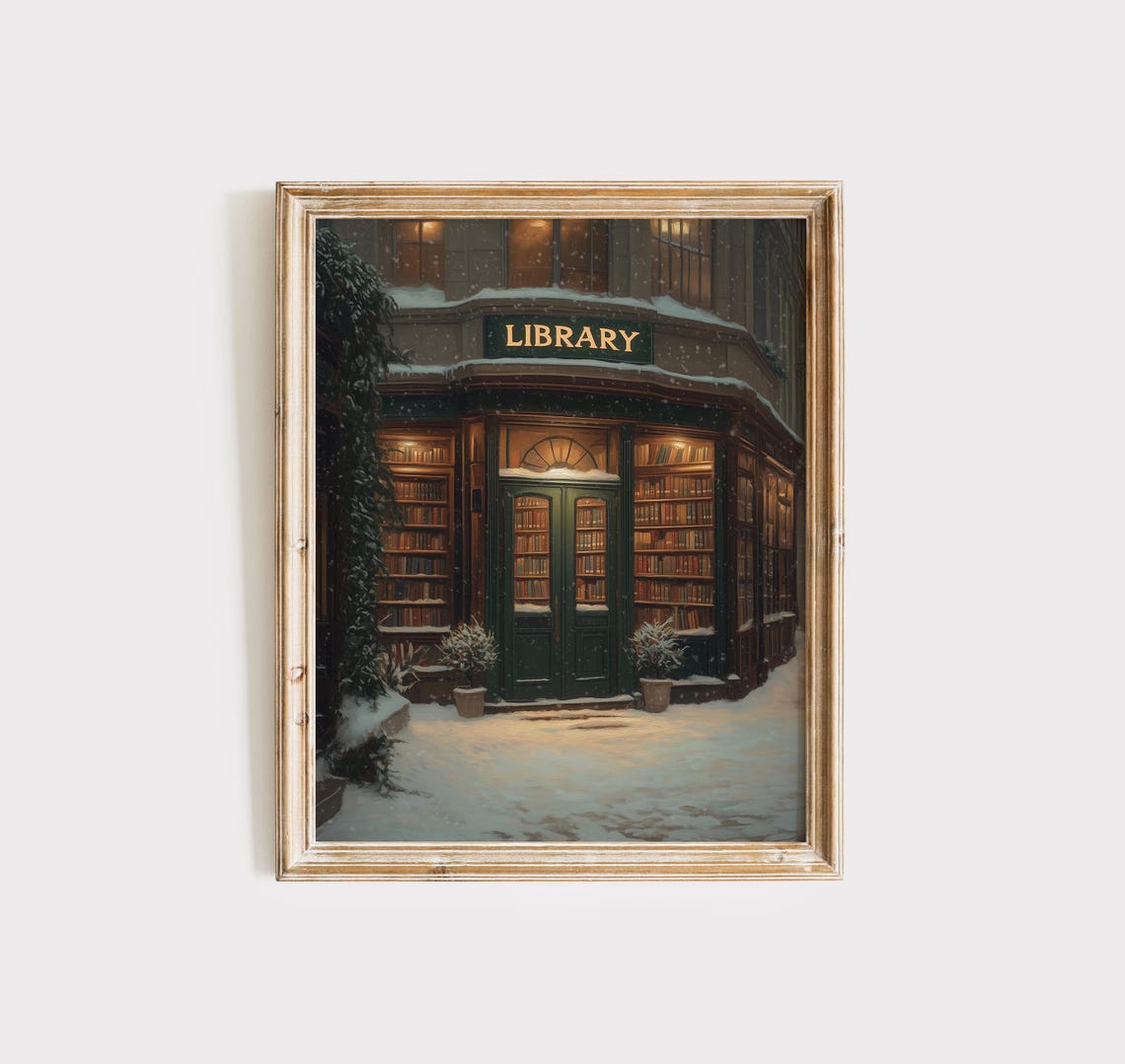 Snowy Vintage Library Bookstore Painting Cozy Book Lover Poster - Image 2