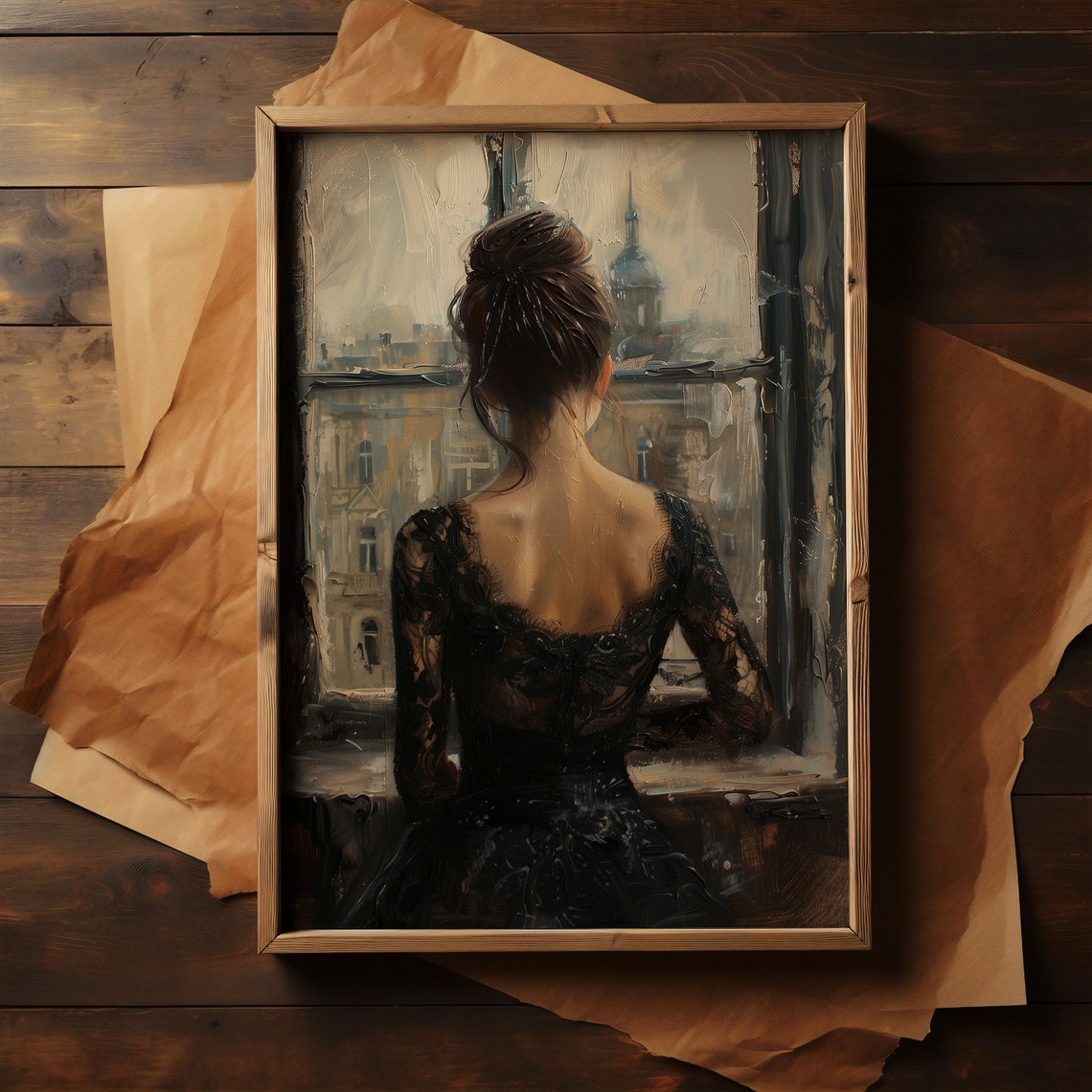 Woman in Black Lace Dress at Rainy Window Moody City Painting Poster - Image 3