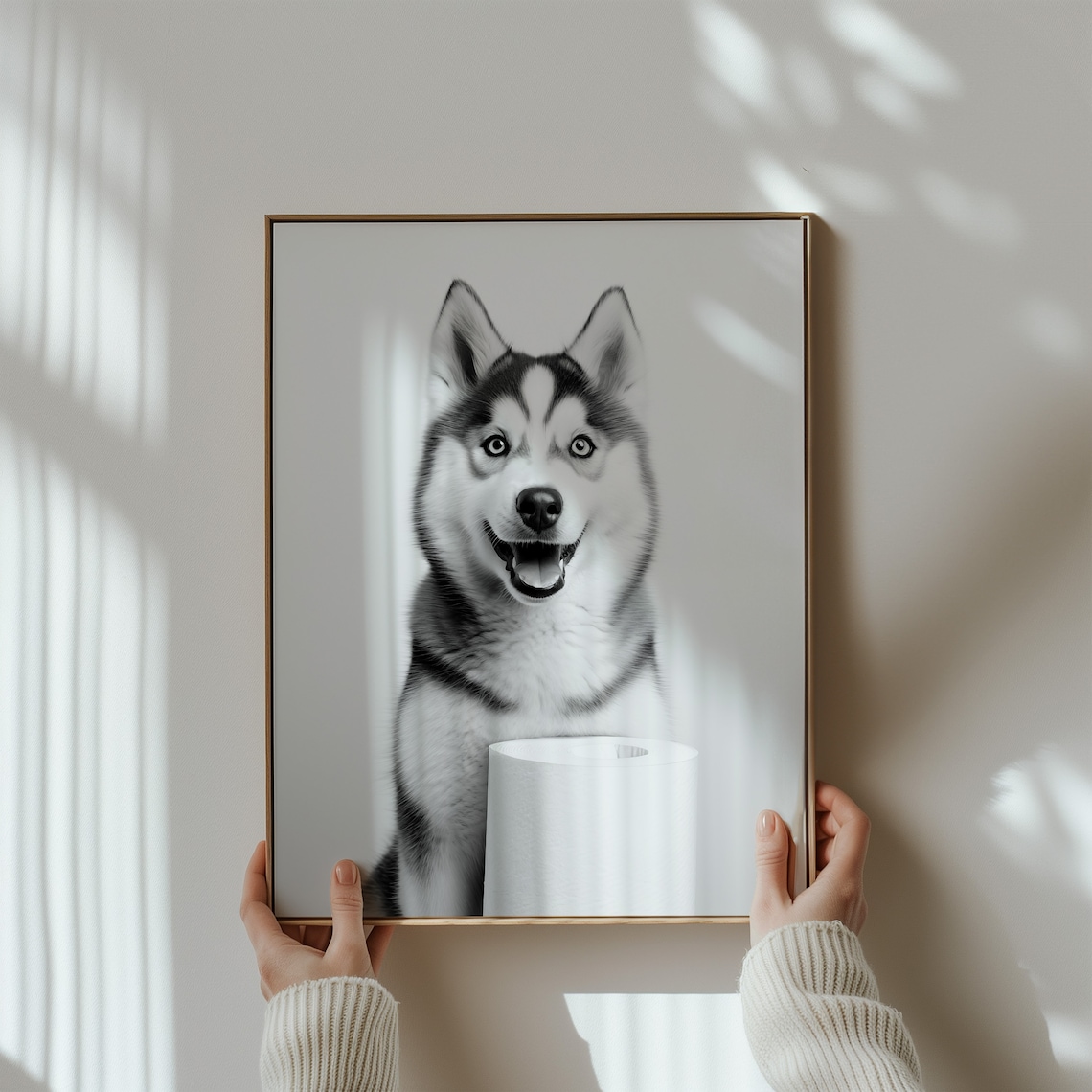 Smiling Husky Dog With Toilet Paper Roll Funny Bathroom Poster