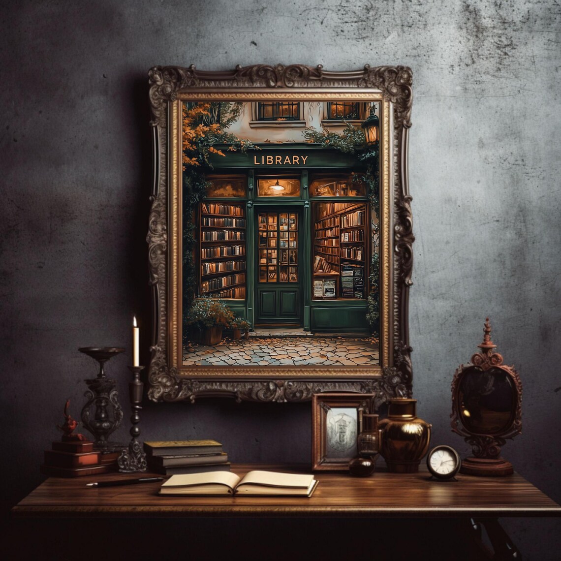 Vintage Style Bookstore Painting, Dark Academia Art Print - Image 3