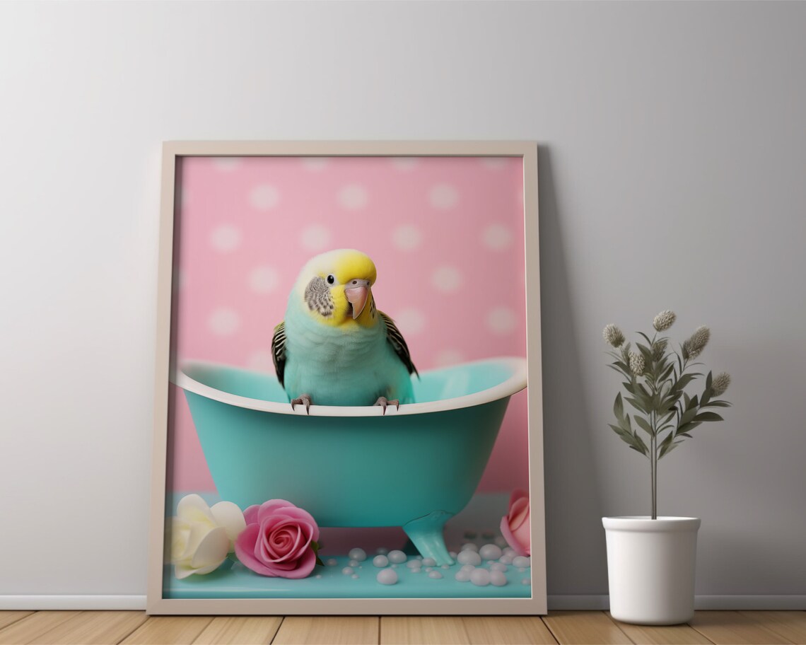 Cute Budgie in Turquoise Bathtub Pink Pastel Bathroom Bird Wall Poster - Image 2