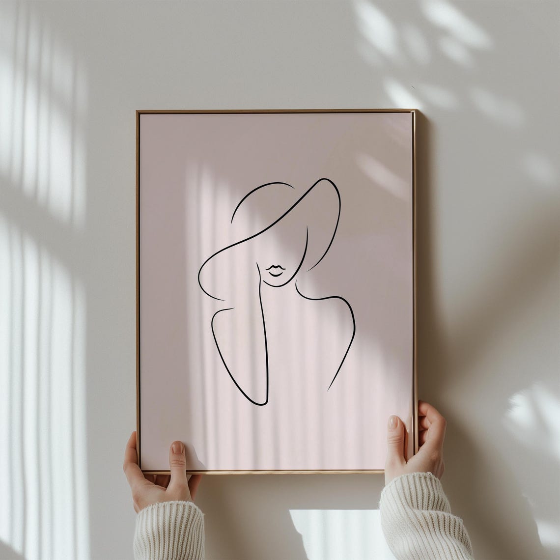 Elegant Minimalist One Line Art Woman with Hat on Blush Pink Poster - Image 2