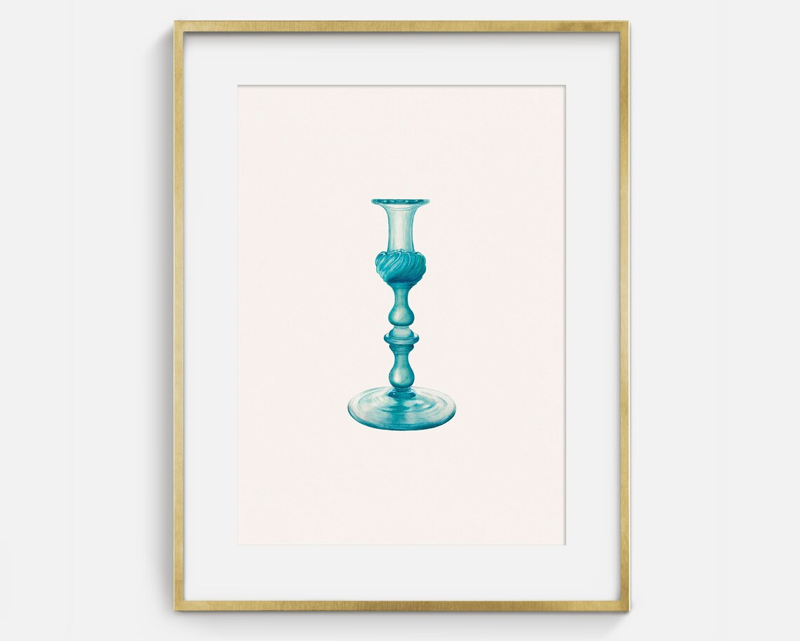 Blue Glass Candlestick Twisted Stem Antique Watercolor Drawing Poster - Image 2
