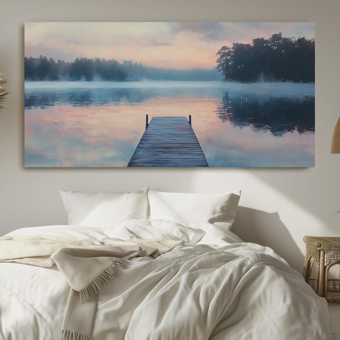 Quiet Lake At Dawn Panoramic Painting Print Tranquil Nature Wall Art Serene Morning Reflections Decor Landscape