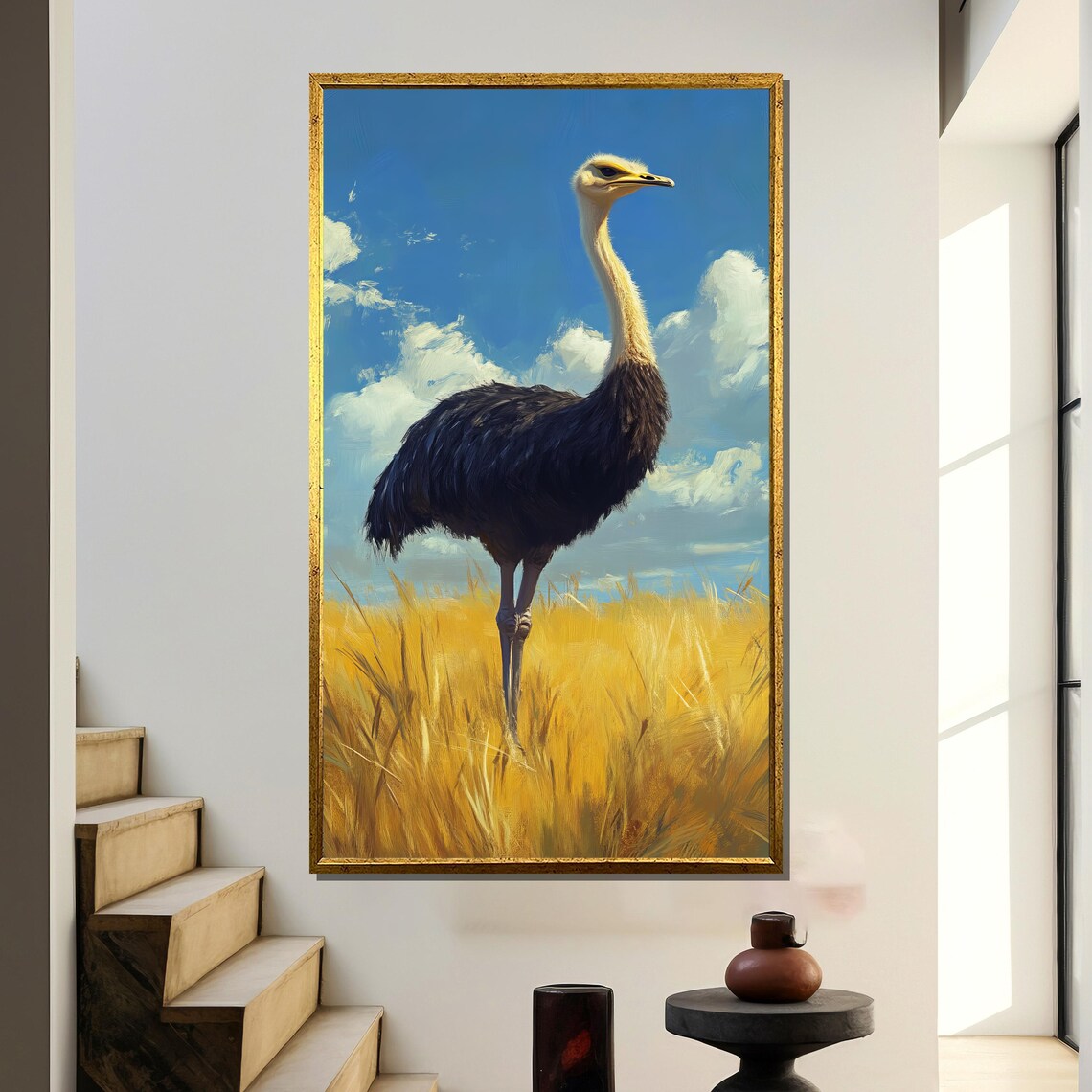 Ostrich in Savannah Painting, Wildlife Bird Art