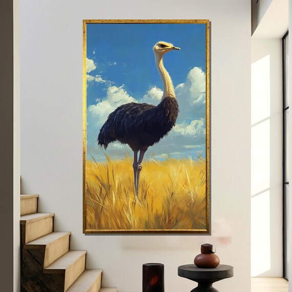 Ostrich in Savannah Painting, Wildlife Bird Art