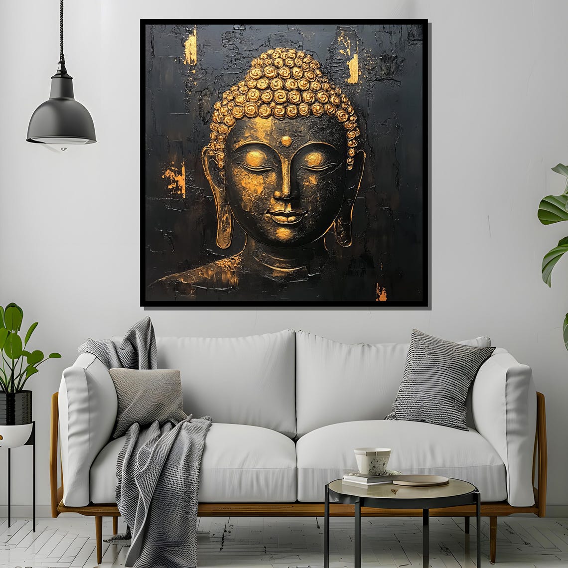 Gold Buddha Face Painting, Zen Abstract Meditation Decor - Image 2