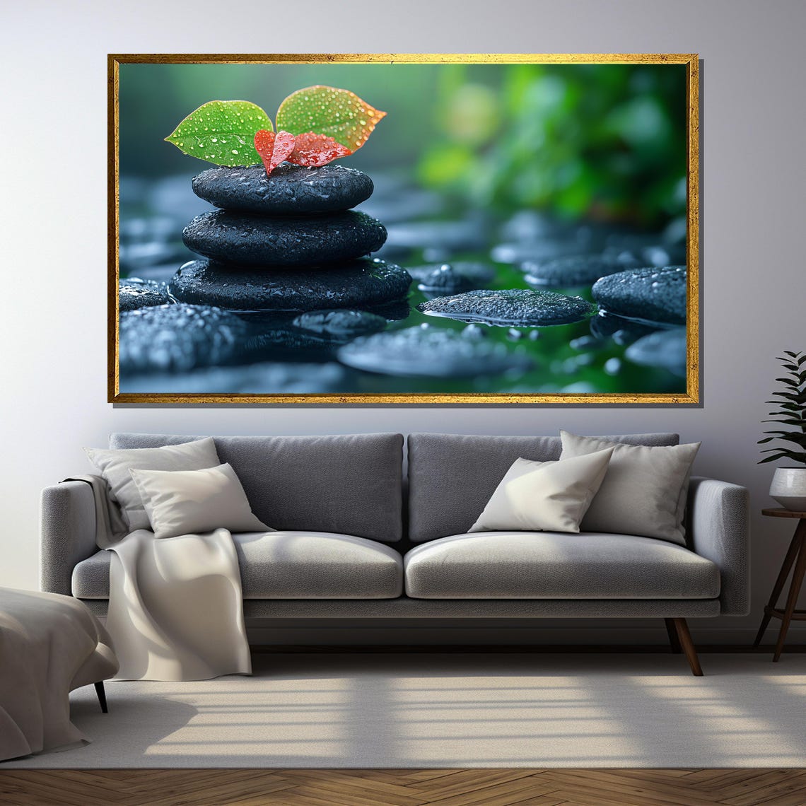 Zen Stones With Dew Leaves, Tranquil Nature Poster