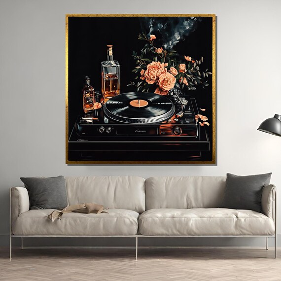 Vintage Turntable Whiskey Bottles And Roses, Retro Jazz Lounge