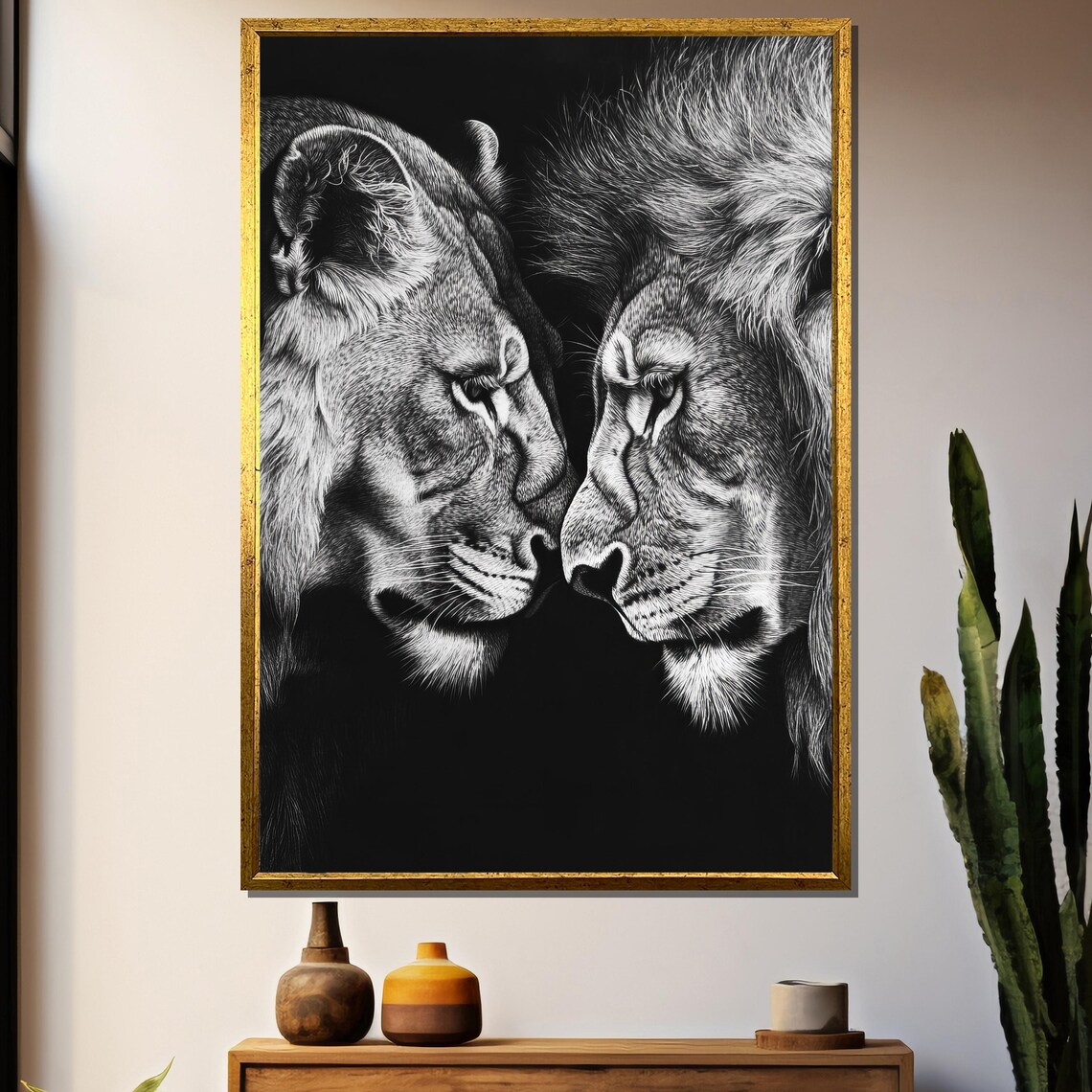 Lion Couple, Black And White Drawing