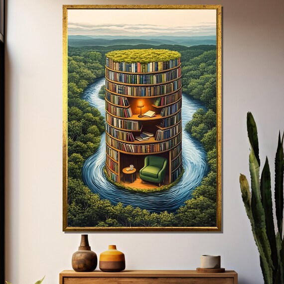 Surreal Tower Of Books, Dreamy River Library