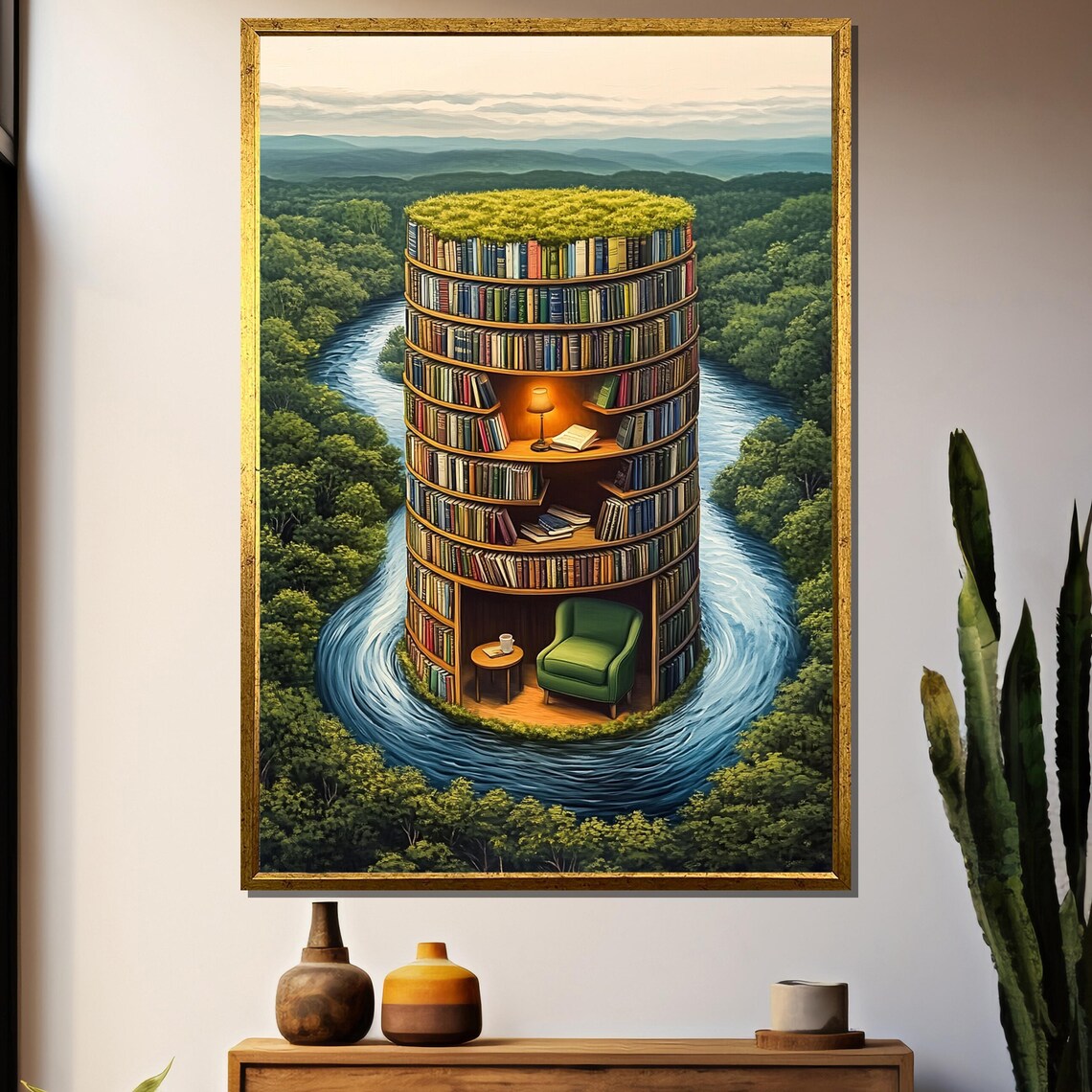 Surreal Tower Of Books, Dreamy River Library