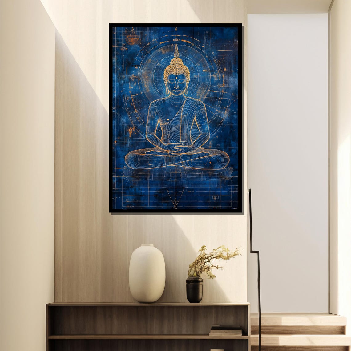 Golden Line Art Buddha, Zen Meditation Room Art Print - Image 2