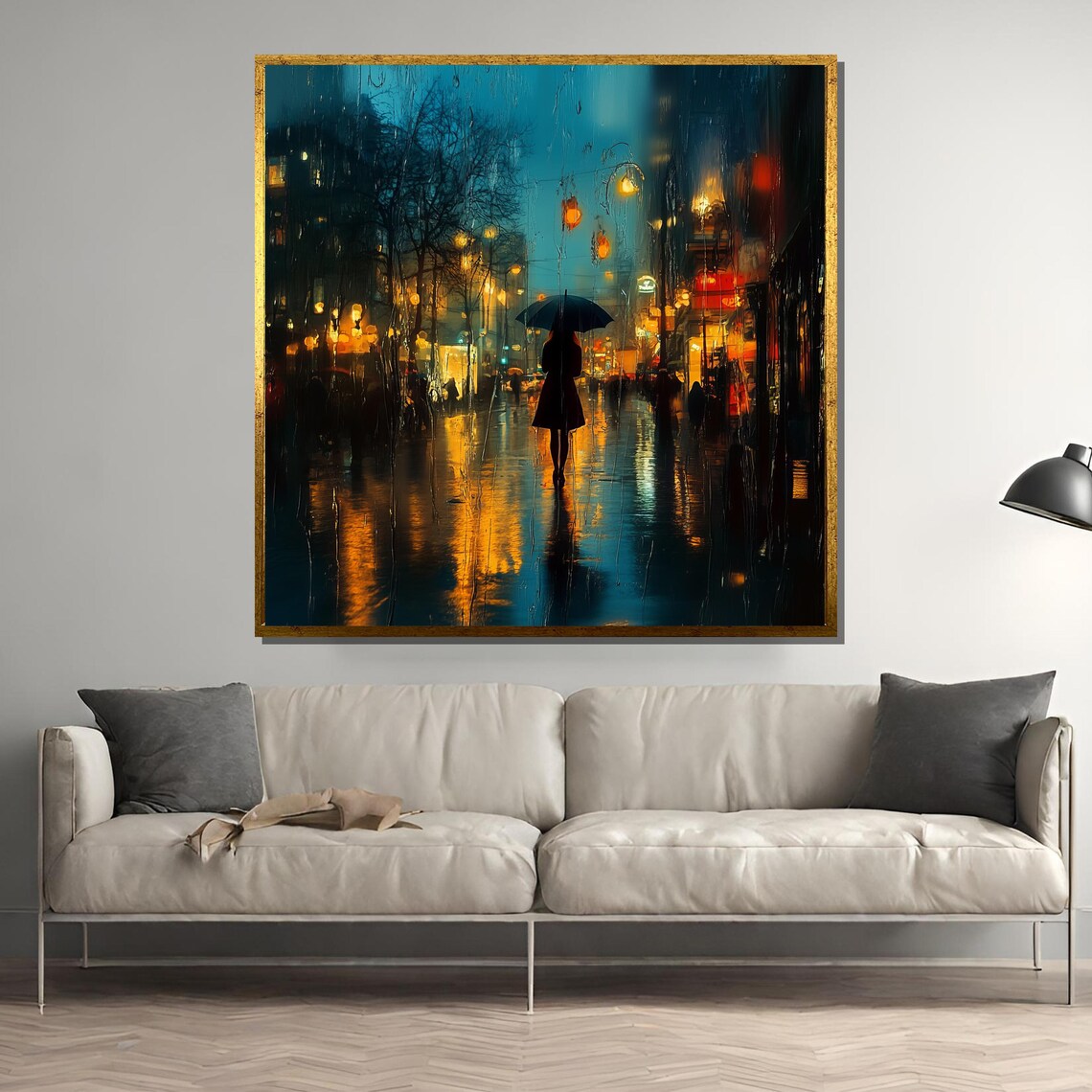 Rainy Night City Scene, Woman With Umbrella
